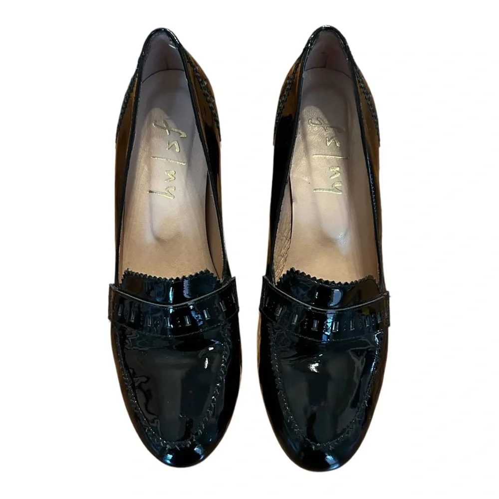 FS NY Classic Black Patent Leather Round-Toe Loafer Heels for Women‎ SZ 8
